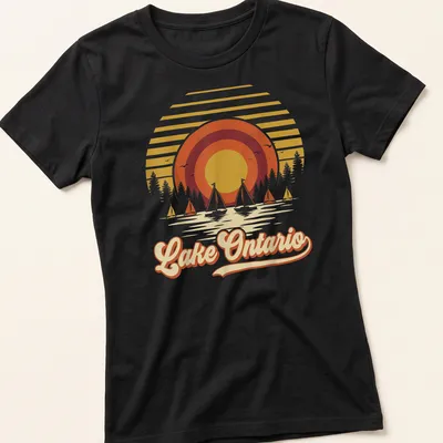 Retro vintage t-shirt with Lake Ontario text and sailboats against a sunset — printed on a women's shirt