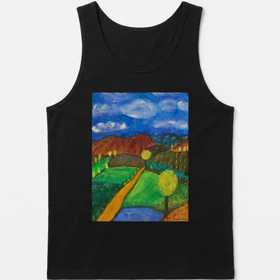 Impressionistic landscape T-shirt featuring hills and trees in various colors — printed on a tank top