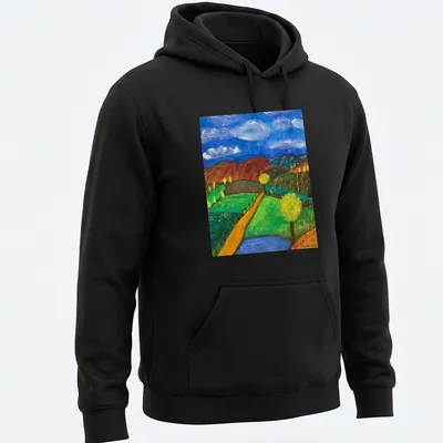 Impressionistic landscape T-shirt featuring hills and trees in various colors — printed on a unisex hoodie