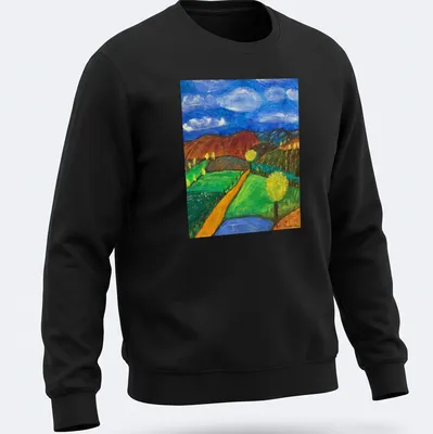 Impressionistic landscape T-shirt featuring hills and trees in various colors — printed on a unisex sweatshirt