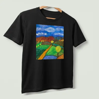 Impressionistic landscape T-shirt featuring hills and trees in various colors — printed on a unisex t-shirt (angled view)