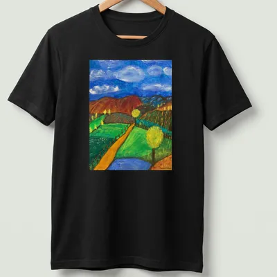 Impressionistic landscape T-shirt featuring hills and trees in various colors