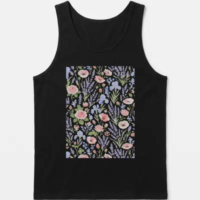 Elegant floral illustration of lavender and iris flowers in pastel colors — printed on a tank top