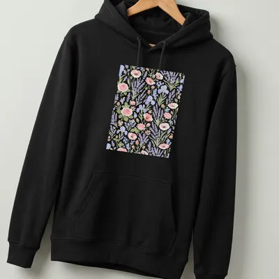 Elegant floral illustration of lavender and iris flowers in pastel colors — printed on a unisex hoodie