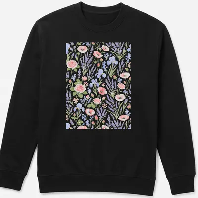 Elegant floral illustration of lavender and iris flowers in pastel colors — printed on a unisex sweatshirt