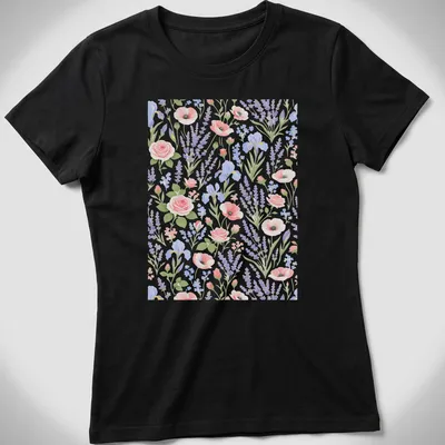 Elegant floral illustration of lavender and iris flowers in pastel colors — printed on a women's shirt