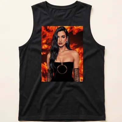 Comic book style illustration of Dua Lipa in red, black, and brown tones — printed on a tank top