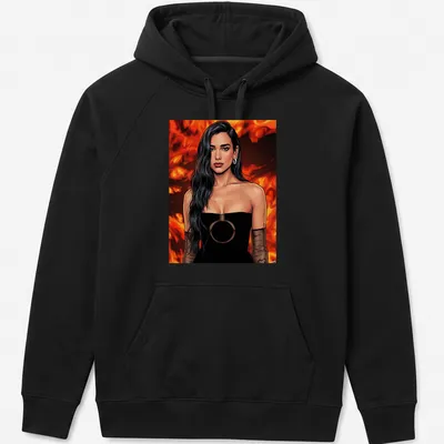 Comic book style illustration of Dua Lipa in red, black, and brown tones — printed on a unisex hoodie
