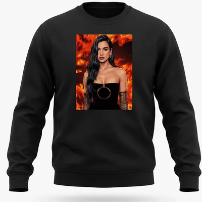 Comic book style illustration of Dua Lipa in red, black, and brown tones — printed on a unisex sweatshirt