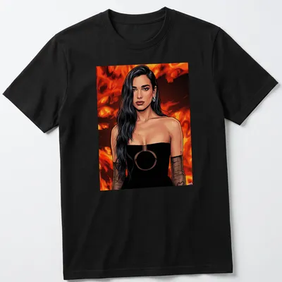 Comic book style illustration of Dua Lipa in red, black, and brown tones