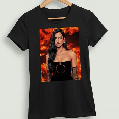 Comic book style illustration of Dua Lipa in red, black, and brown tones — printed on a women's shirt