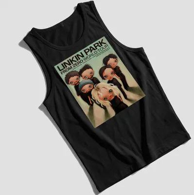 Whimsical illustration of Linkin Park members with concert details in vibrant colors. — printed on a tank top