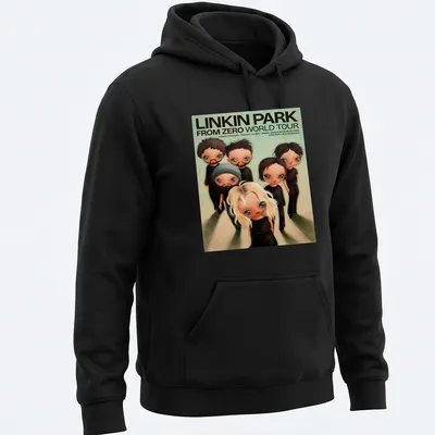 Whimsical illustration of Linkin Park members with concert details in vibrant colors. — printed on a unisex hoodie