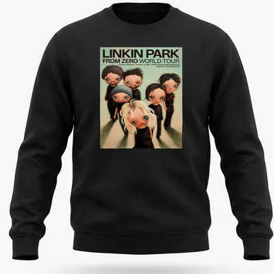 Whimsical illustration of Linkin Park members with concert details in vibrant colors. — printed on a unisex sweatshirt