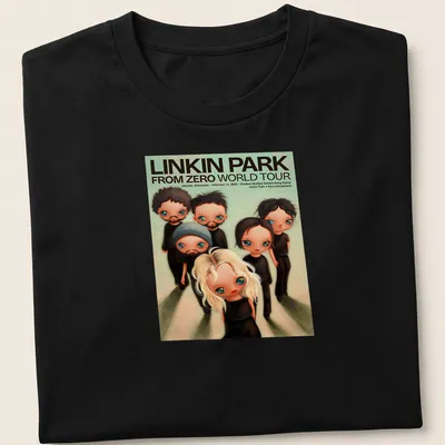 Whimsical illustration of Linkin Park members with concert details in vibrant colors.