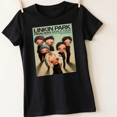 Whimsical illustration of Linkin Park members with concert details in vibrant colors. — printed on a women's shirt
