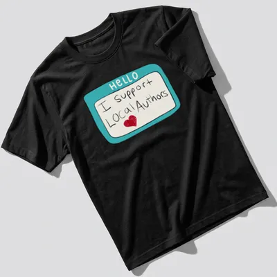 Playful illustration of a name tag with 'HELLO I support Local Authors' text in turquoise and red.