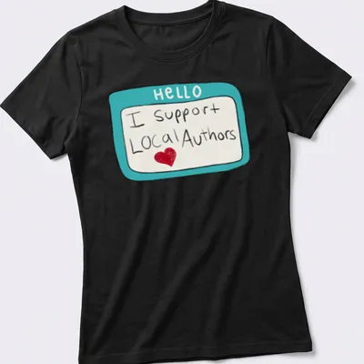 Playful illustration of a name tag with 'HELLO I support Local Authors' text in turquoise and red. — printed on a women's shirt