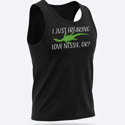 Cartoon Loch Ness Monster with humorous text about loving Nessie — printed on a tank top
