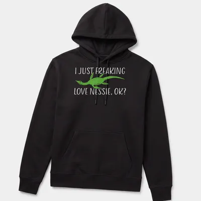 Cartoon Loch Ness Monster with humorous text about loving Nessie — printed on a unisex hoodie