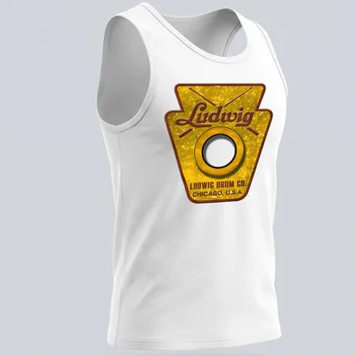 Vintage Ludwig Drum Co. badge logo in gold, brown, black, and white — printed on a tank top