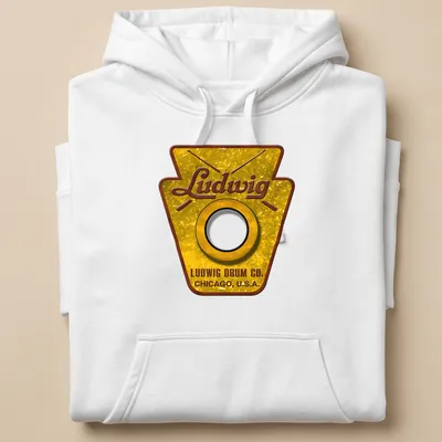Vintage Ludwig Drum Co. badge logo in gold, brown, black, and white — printed on a unisex hoodie