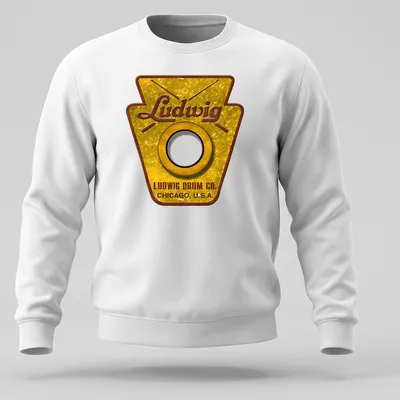 Vintage Ludwig Drum Co. badge logo in gold, brown, black, and white — printed on a unisex sweatshirt