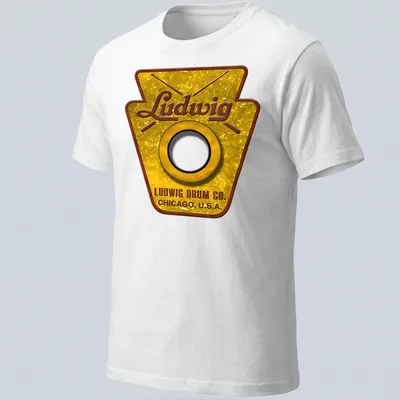 Vintage Ludwig Drum Co. badge logo in gold, brown, black, and white