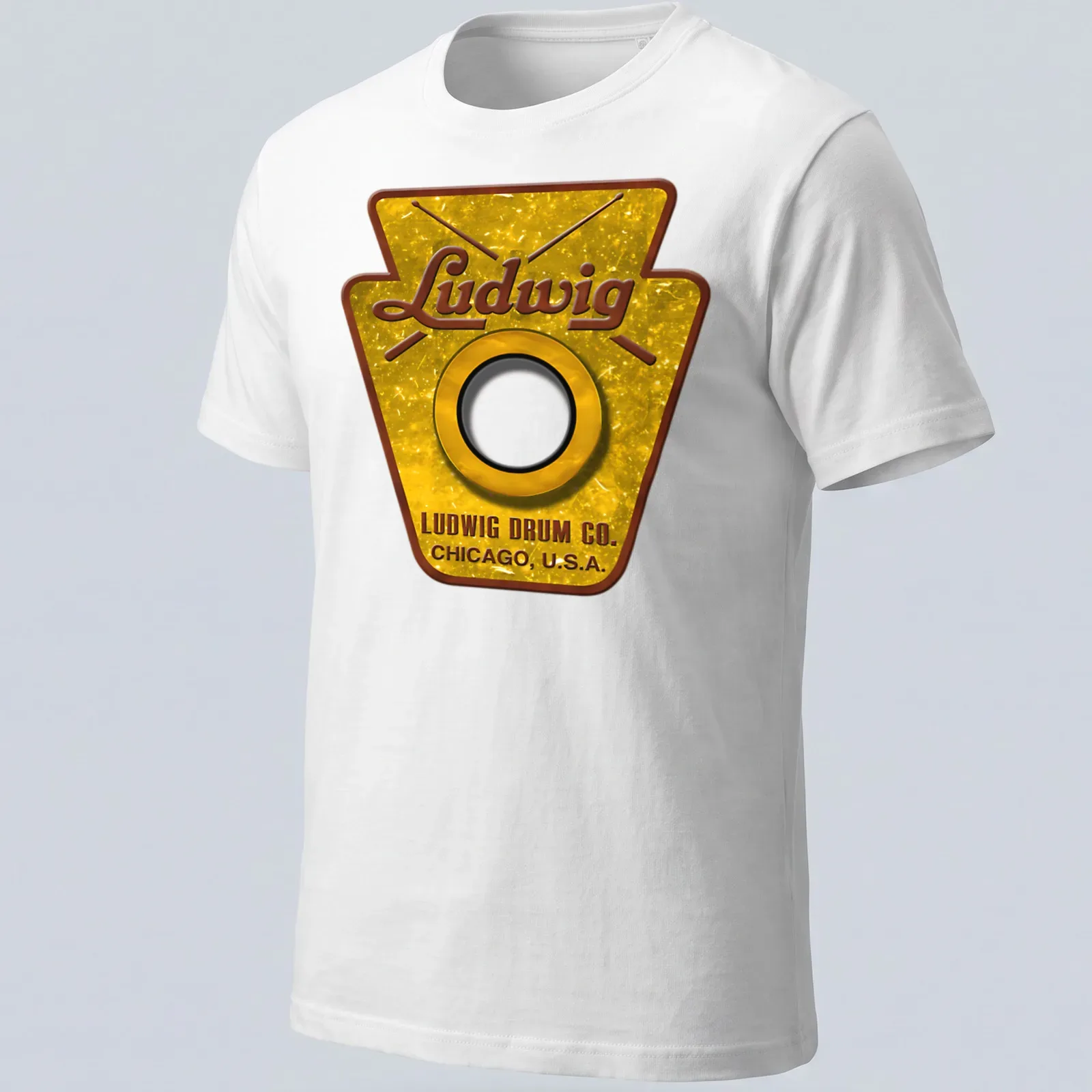 Vintage Ludwig Drum Co. badge logo in gold, brown, black, and white — printed on a unisex t-shirt