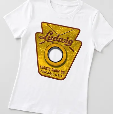 Vintage Ludwig Drum Co. badge logo in gold, brown, black, and white — printed on a women's shirt