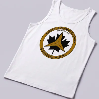 Circular badge design featuring Mackenzie-Papineau Battalion emblem in black, gold, and white. — printed on a tank top