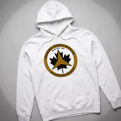 Circular badge design featuring Mackenzie-Papineau Battalion emblem in black, gold, and white. — printed on a unisex hoodie