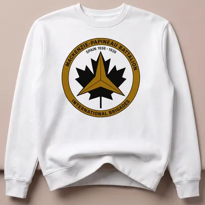 Circular badge design featuring Mackenzie-Papineau Battalion emblem in black, gold, and white. — printed on a unisex sweatshirt