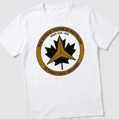 Circular badge design featuring Mackenzie-Papineau Battalion emblem in black, gold, and white.