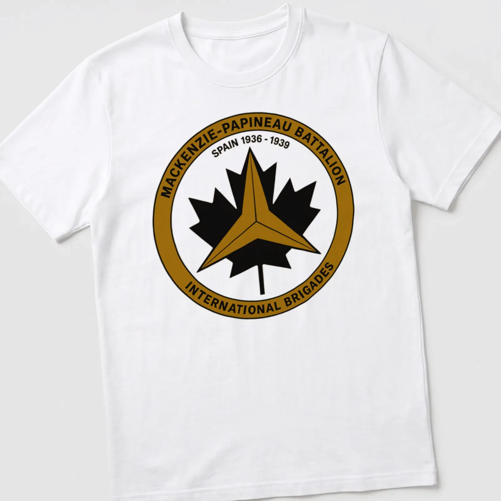 Circular badge design featuring Mackenzie-Papineau Battalion emblem in black, gold, and white. — printed on a unisex t-shirt