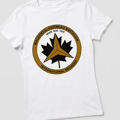 Circular badge design featuring Mackenzie-Papineau Battalion emblem in black, gold, and white. — printed on a women's shirt