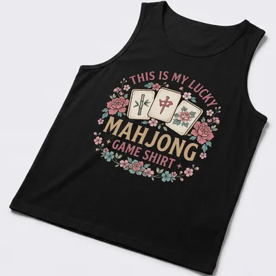 Vintage floral Mahjong Game t-shirt with game tiles and playful text — printed on a tank top