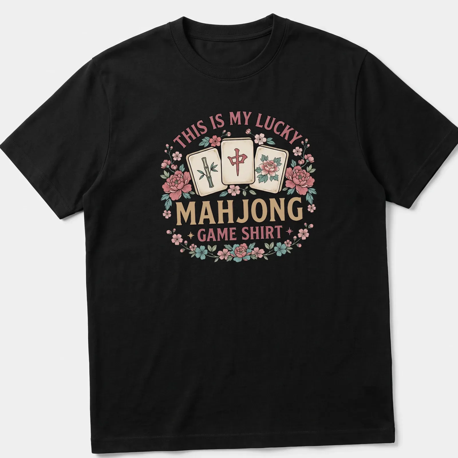 Vintage floral Mahjong Game t-shirt with game tiles and playful text — printed on a unisex t-shirt