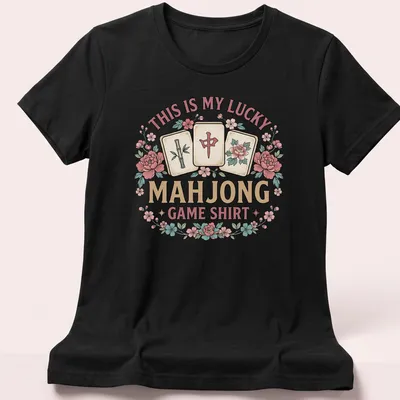 Vintage floral Mahjong Game t-shirt with game tiles and playful text — printed on a women's shirt