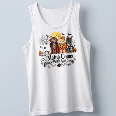 Colorful cartoon Maine Coons in Halloween costumes with humorous text — printed on a tank top