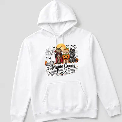 Colorful cartoon Maine Coons in Halloween costumes with humorous text — printed on a unisex hoodie