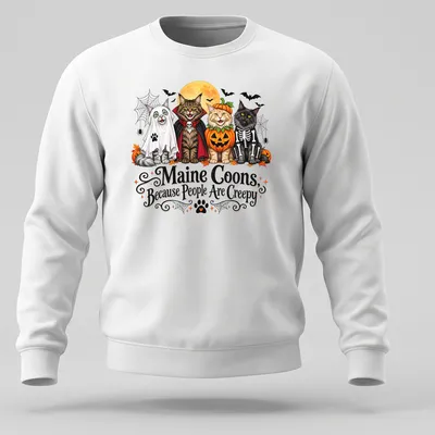Colorful cartoon Maine Coons in Halloween costumes with humorous text — printed on a unisex sweatshirt