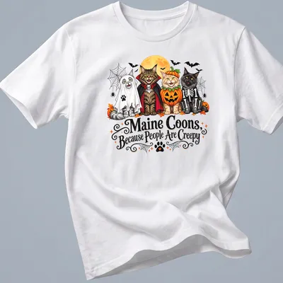 Colorful cartoon Maine Coons in Halloween costumes with humorous text — printed on a unisex t-shirt