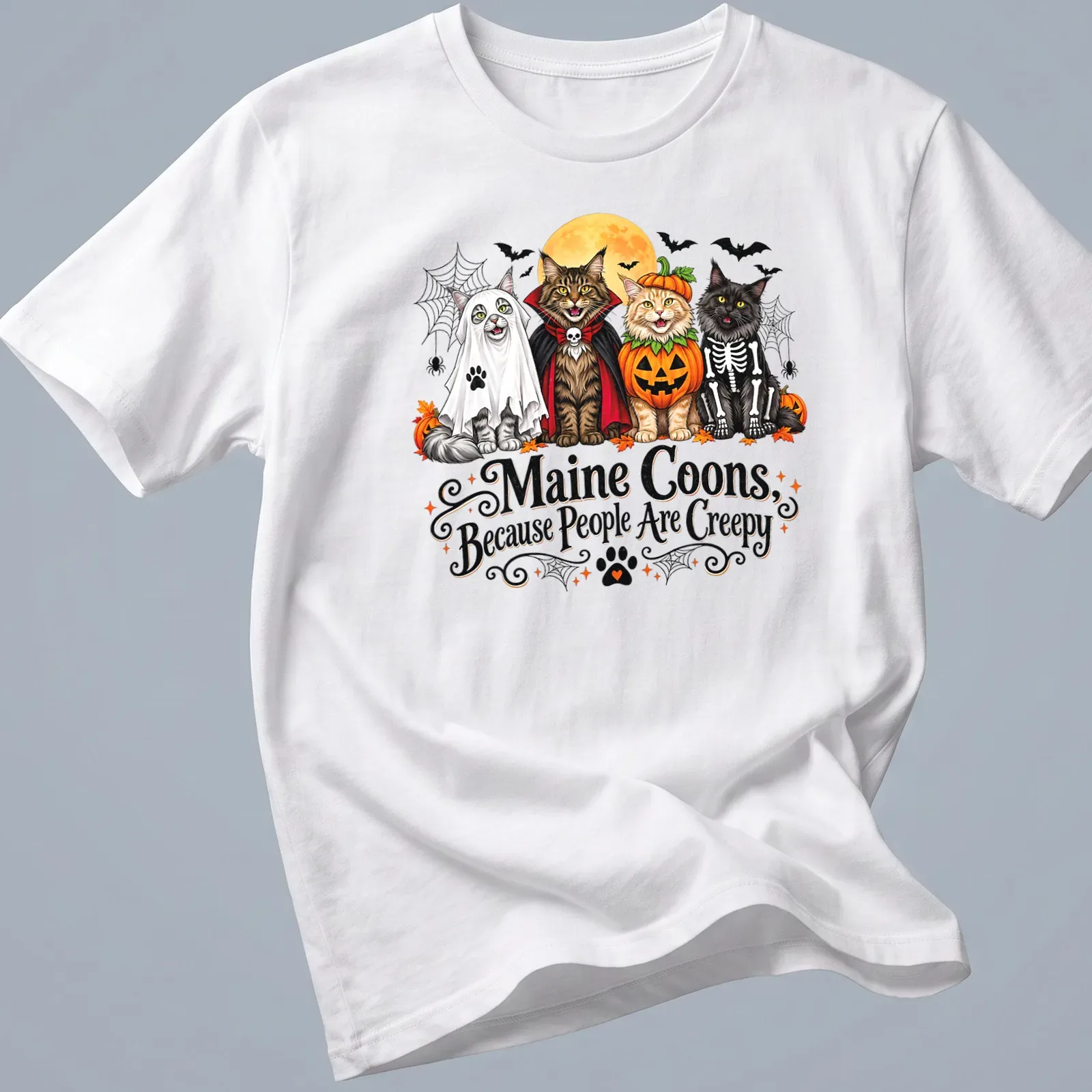 Colorful cartoon Maine Coons in Halloween costumes with humorous text — printed on a unisex t-shirt