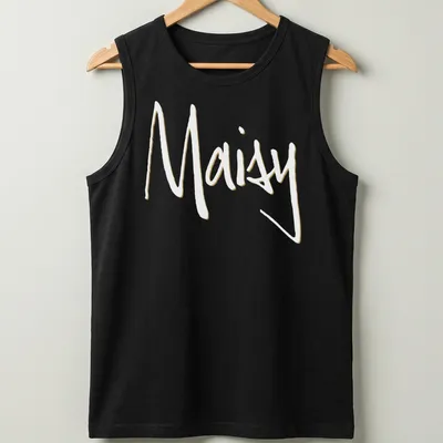 Handwritten Maisy personalized t-shirt in beige and white colors. — printed on a tank top