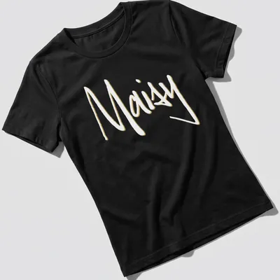 Handwritten Maisy personalized t-shirt in beige and white colors. — printed on a women's shirt