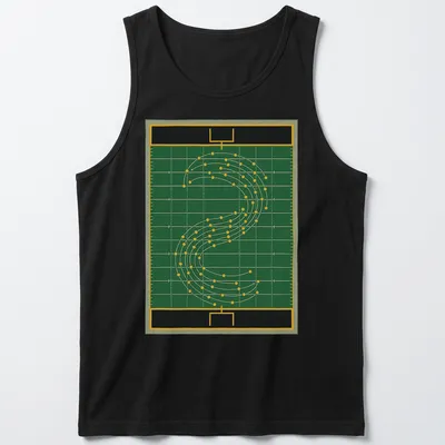 Illustration of a marching band field diagram in green, yellow, black, and white — printed on a tank top