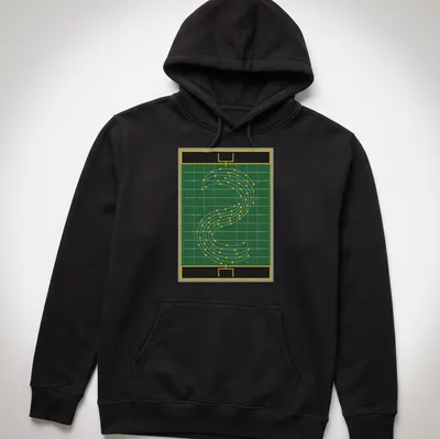 Illustration of a marching band field diagram in green, yellow, black, and white — printed on a unisex hoodie