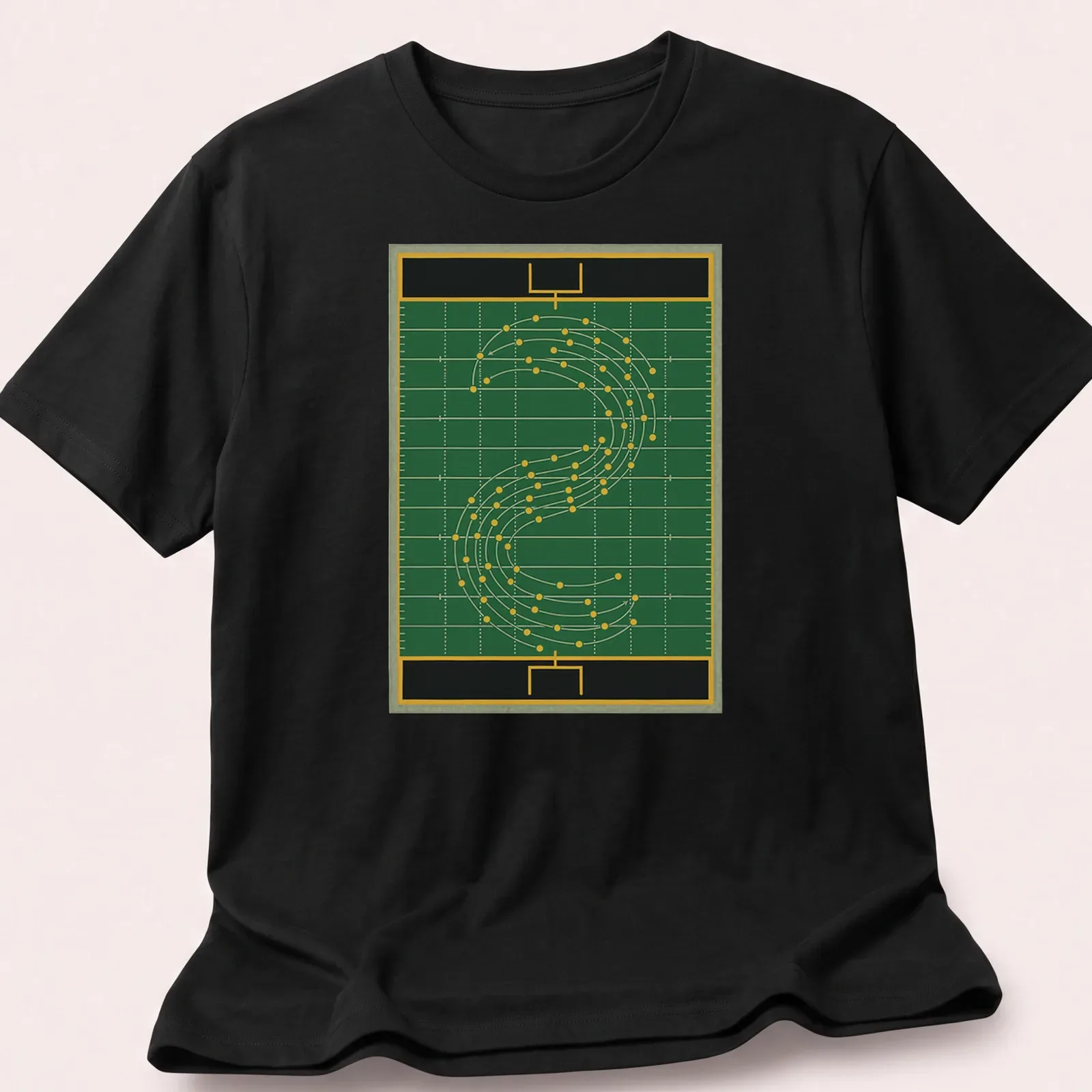 Illustration of a marching band field diagram in green, yellow, black, and white — printed on a unisex t-shirt