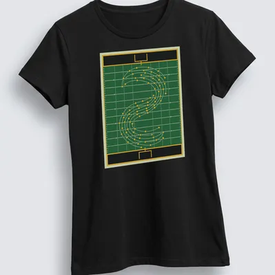 Illustration of a marching band field diagram in green, yellow, black, and white — printed on a women's shirt